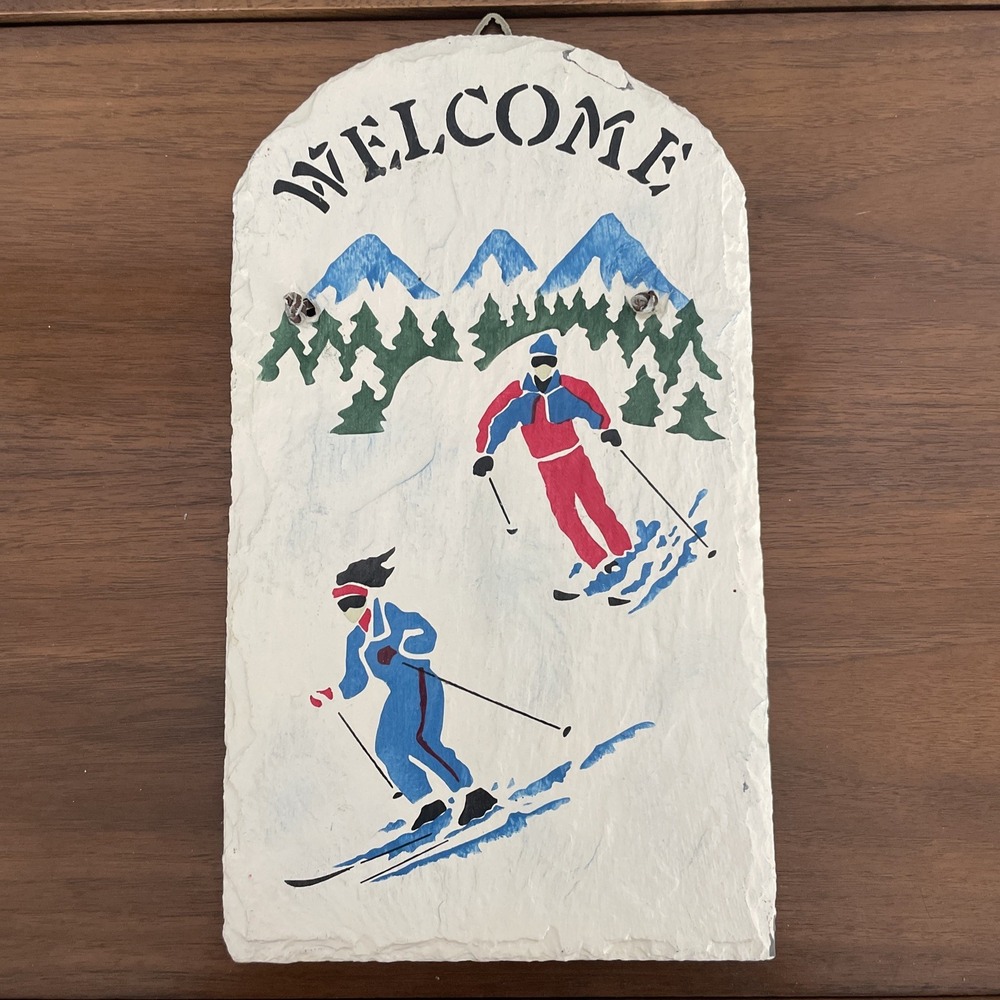 Hand Painted Slate Welcome Sign Cross Country‎ Skiing Winter Scene